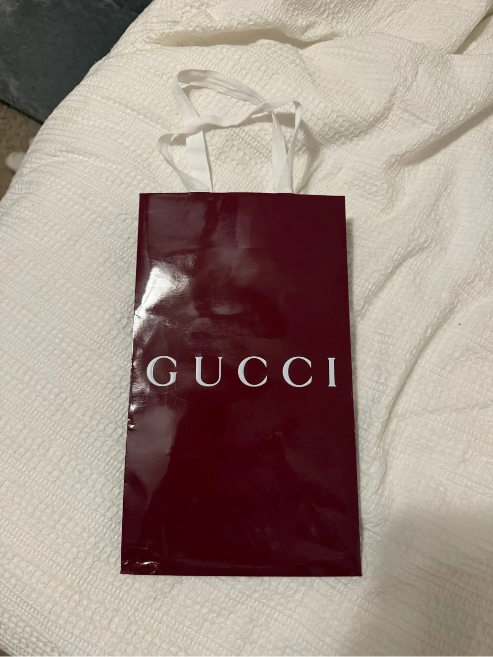Gucci Burgundy Glossy Logo Gift Bag with White Handles